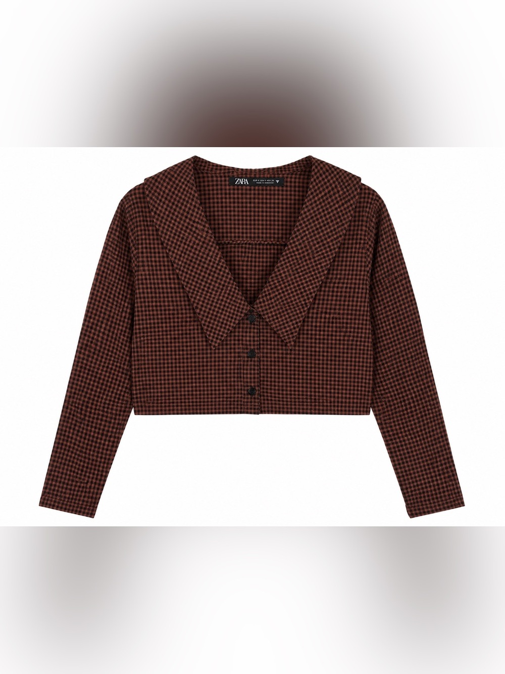 NWT Zara Brown Check Cropped Blouse Small Oversized Collar Button Front